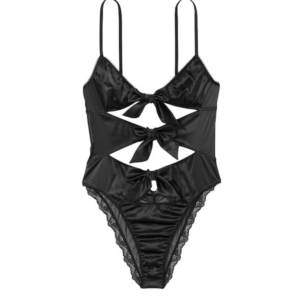New! Victoria's Secret Very Sexy Black Satin Bow Cut Out Bodysuit 45974